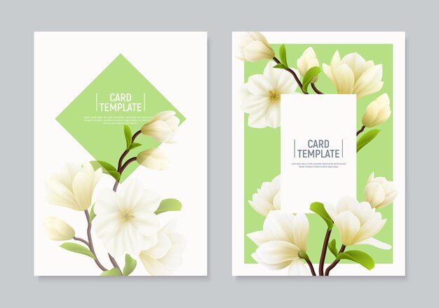 Due banner o volantini di fiori di magnolia realistici colorati verticali con posti per il testo e l'illustrazione del titolo