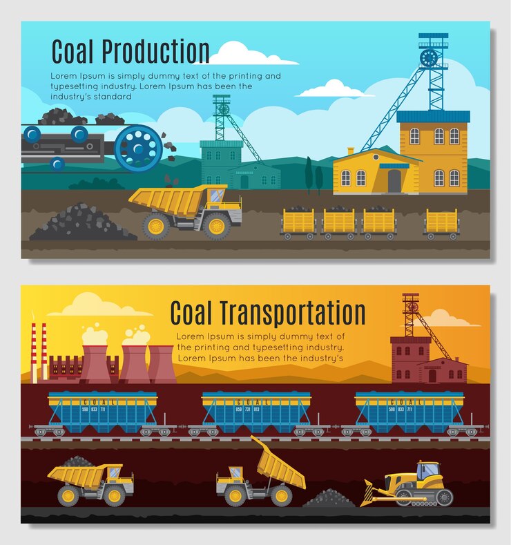 Vettore gratuito due banner orizzontali dell'industria mineraria impostati con estrazione del carbone