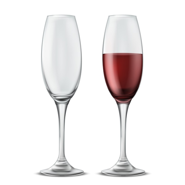 Due bicchieri di vino, vuoti e pieni di vino rosso, illustrazione realistica 3D