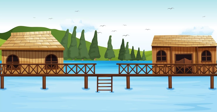 Vettore gratuito due bungalow in legno sull'acqua