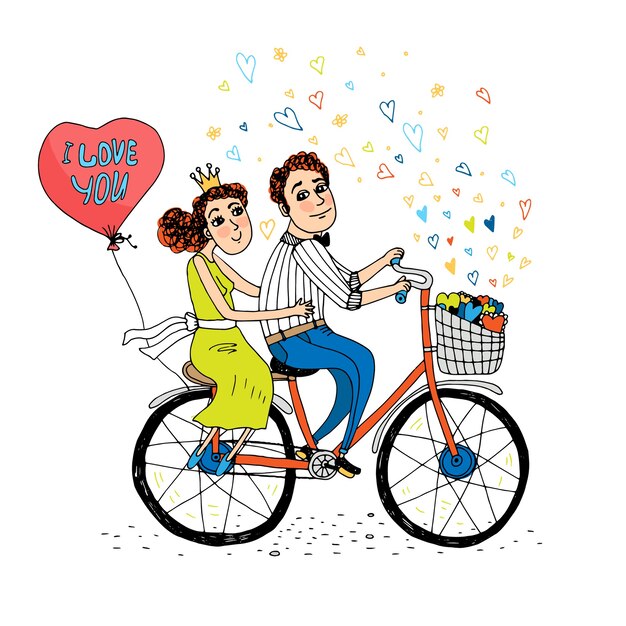 Due giovani innamorati in sella a una bicicletta tandem con un palloncino rosso a forma di cuore con le parole