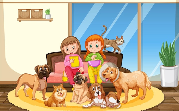 Due ragazze con tanti cani in soggiorno
