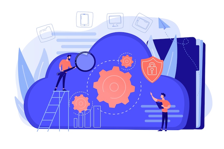 Vettore gratuito due sviluppatori che esaminano gli ingranaggi sul cloud. archiviazione dei dati digitali, protezione del database, protezione dei dati, concetto di tecnologia cloud. illustrazione vettoriale isolato
