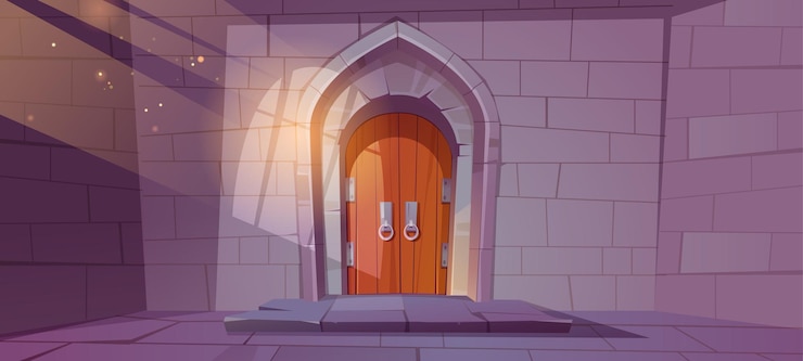Vettore gratuito dungeon medievale o interno del castello con porta ad arco in legno e muro di mattoni di pietra