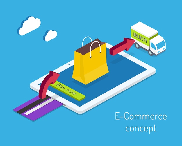 E-commerce o concetto di acquisto di Internet con una carta di credito per il pagamento e una freccia che punta a un sacchetto della spesa