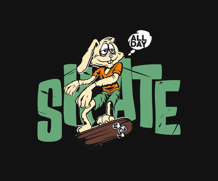 Vettore gratuito easter tshirt design bunny con testo di skateboard modello di banner per skate tutto il giorno