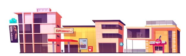 Edifici del negozio, negozio di abbigliamento di marca, supermercato, caffetteria e facciata di sushi bar. Esterno di architettura della città moderna, vista frontale del luogo di mercato isolato su priorità bassa bianca Illustrazione del fumetto