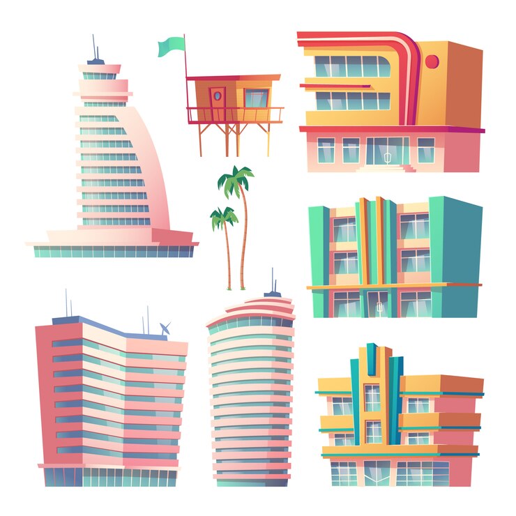 Vettore gratuito edifici, moderni hotel a miami in estate