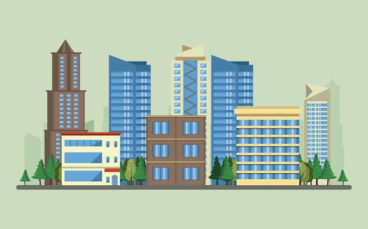 Vettore gratuito edifici urbani con paesaggi urbani