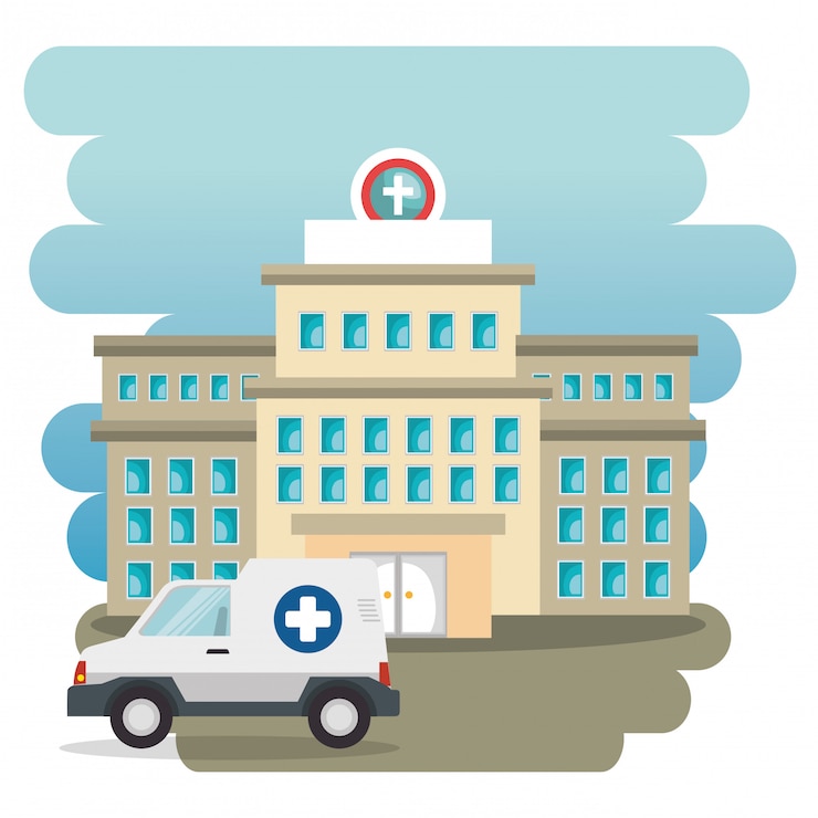 Vettore gratuito edificio dell'ospedale con ambulanza