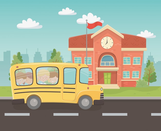 Edificio scolastico e autobus con bambini nella scena