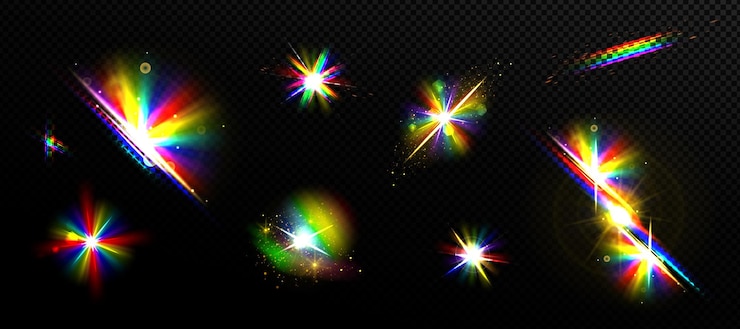 Vettore gratuito effetti di bagliore di luce arcobaleno, bagliore iridescente