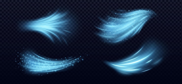 Vettore gratuito effetti di flusso d'aria fresca impostati isolati su sfondo trasparente vettore illustrazione realistica di onde di luce blu con particelle scintillanti vento freddo brezza fresca vortice magico sentiero di potenza