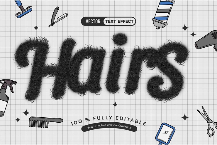 Vettore gratuito effetto di testo editabile per capelli neri realistici