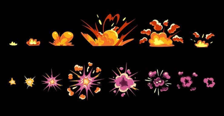 Vettore gratuito effetto esplosione colorato con fumo di fiamma e nuvole per cartoni animati di animazione di gioco isolato su sfondo nero illustrazione vettoriale