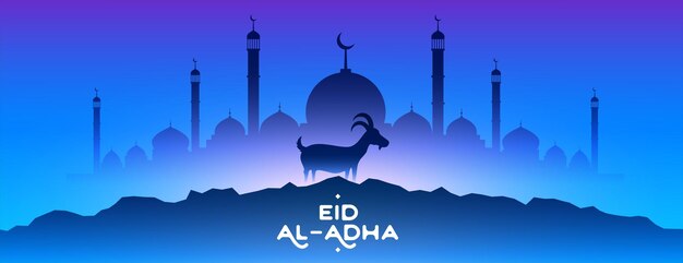 Eid al adha mubarak con moschea e sfondo blu capra