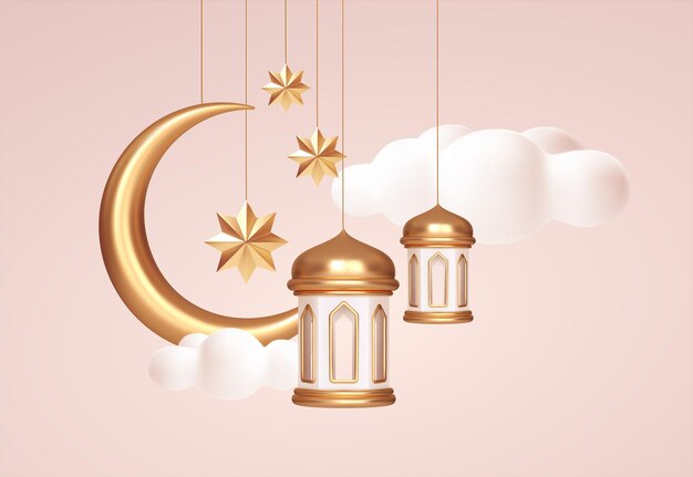 Eid Mubarak 3d simboli realistici delle festività islamiche arabe