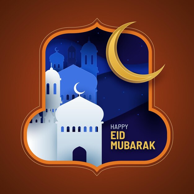 Eid Mubarak con luna e moschea in stile carta