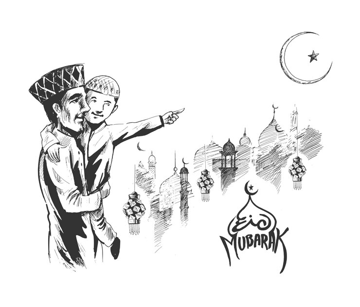 Vettore gratuito eid mubarak muslim cute little kids con il padre che guarda la luna sul concetto per la celebrazione del festival della comunità musulmana