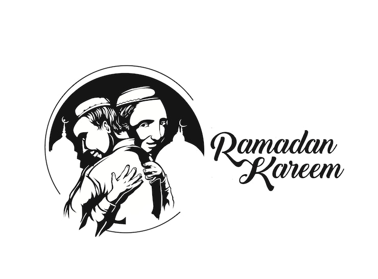 Vettore gratuito eid muslim man che si abbraccia e si augura in occasioni con il testo del ramadan kareem