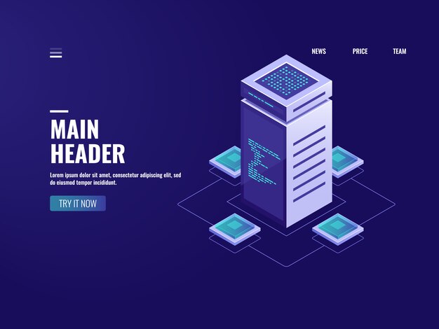 Elaborazione di big data isometrica su server room, cloud storage, tecnologia blockchain