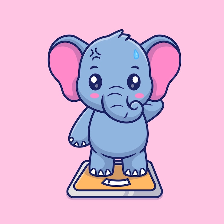 Vettore gratuito elefante carino in piedi sulla scala di peso cartoon vector icon illustration animal healthy isolato