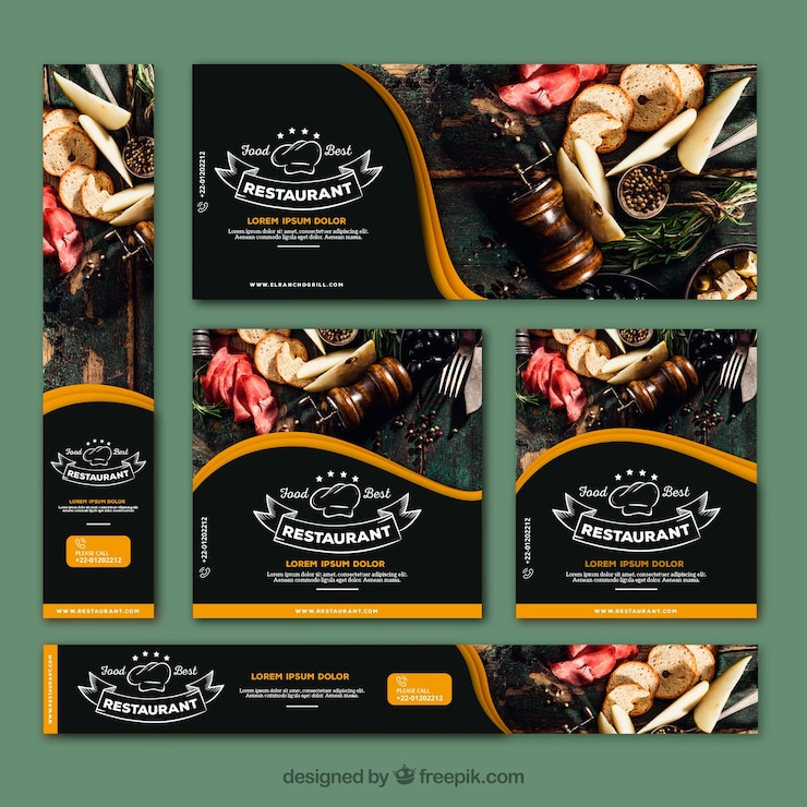 Vettore gratuito elegante collezione di banner ristorante con foto