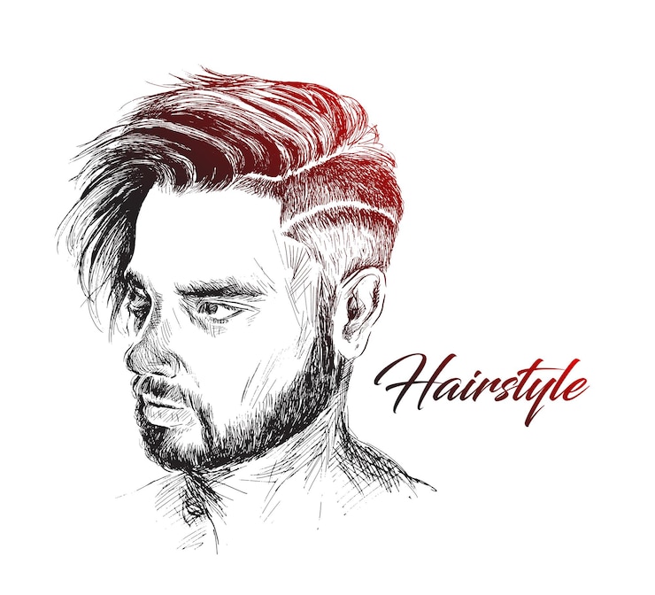 Vettore gratuito elegante giovane bell'uomo con capelli alla moda parrucchiere illustrazione vettoriale di schizzo disegnato a mano
