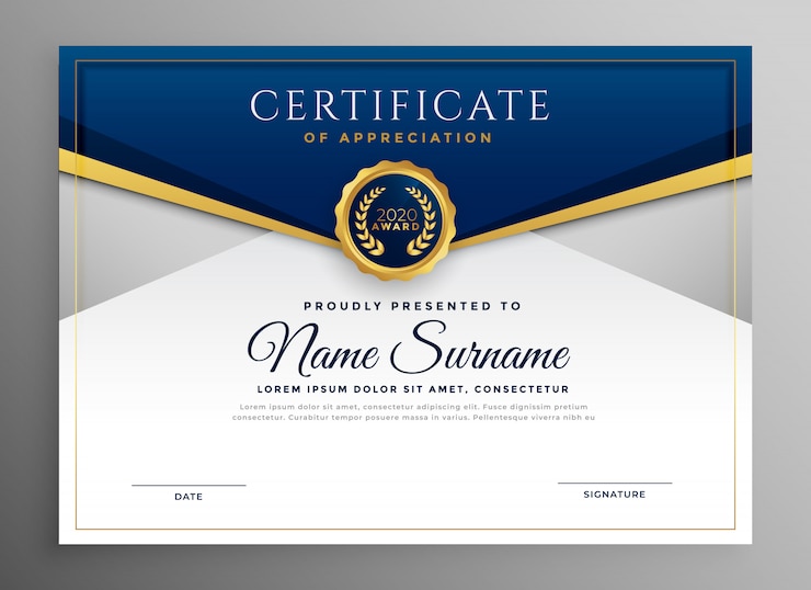 Vettore gratuito elegante modello di certificato di diploma blu e oro