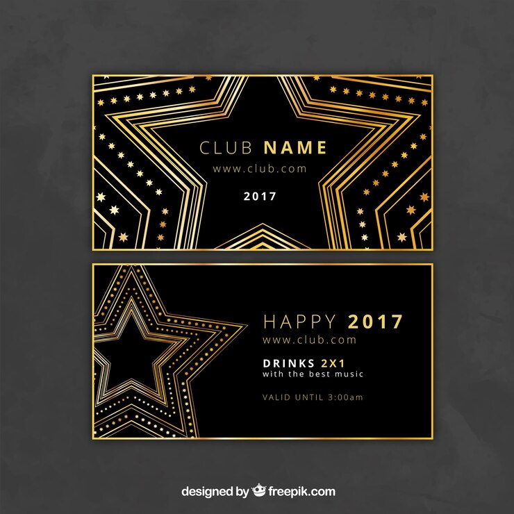 Vettore gratuito elegante nuovo invito anno festa con stelle dorate