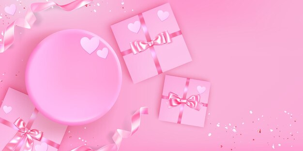 Elegante podio rosa con regali