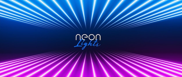 Eleganti linee di luce al neon in prospettiva in colore blu e viola