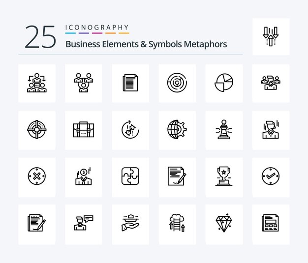 Elementi aziendali e simboli Metafore Pacchetto icone a 25 linee che include il punto del grafico a torta del team