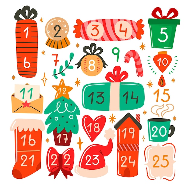 Elementi del calendario dell'avvento disegnati a mano