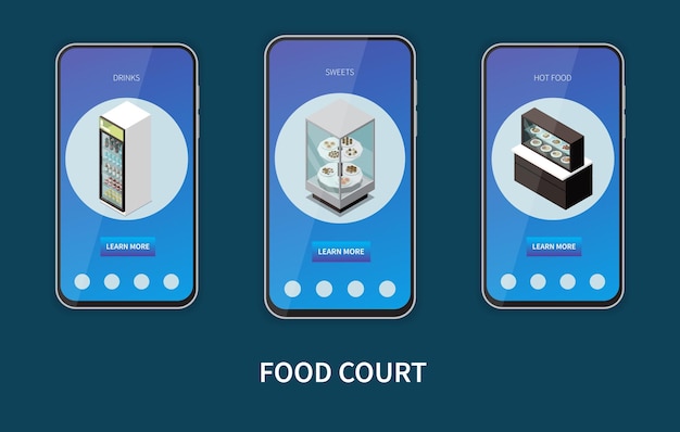 Elementi della food court 3 schermi isometrici per smartphone con bevande, rinfreschi, dolci, bar, piatti caldi, illustrazione vettoriale