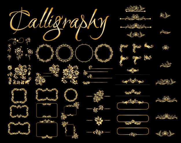 Elementi di design calligrafico dorato su sfondo nero.