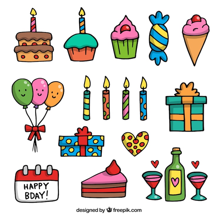 Vettore gratuito elementi di festa di compleanno disegnati a mano carino