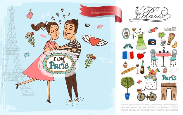 Elementi di Parigi di schizzo con coppia nell'illustrazione di amore