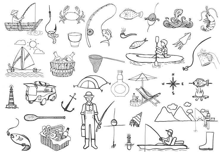 Vettore gratuito elementi di pesca disegnati a mano