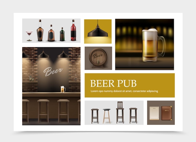 Elementi realistici del pub impostati con boccale di birra sul barile di legno della lampada del menu del bancone del bar delle sedie di bottiglie di alcool della bevanda schiumosa
