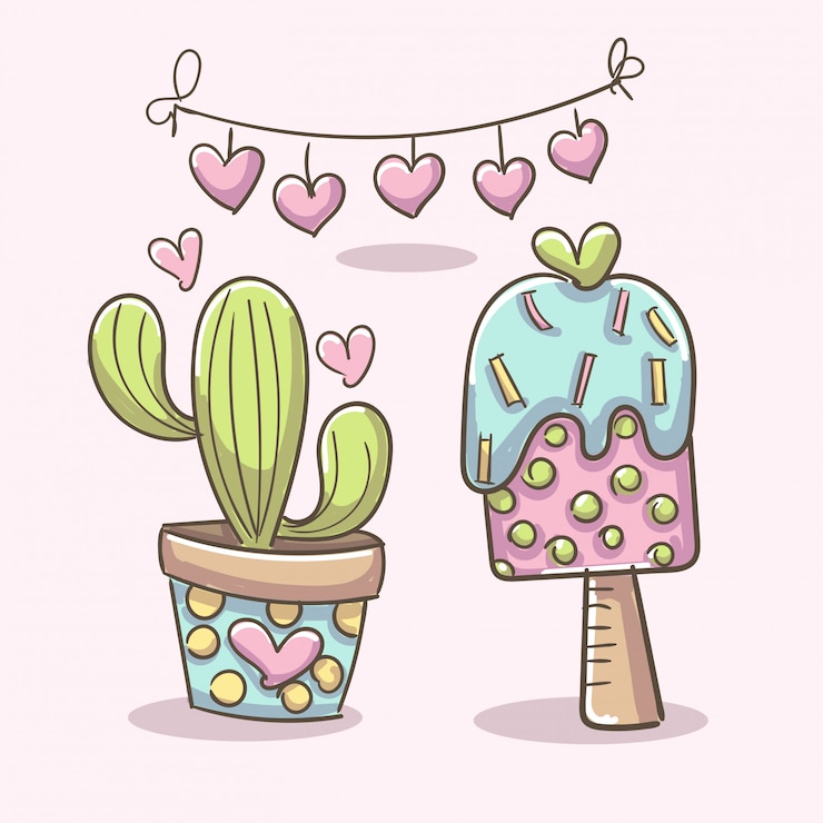 Vettore gratuito elementi romantici con gelato e piante di cactus