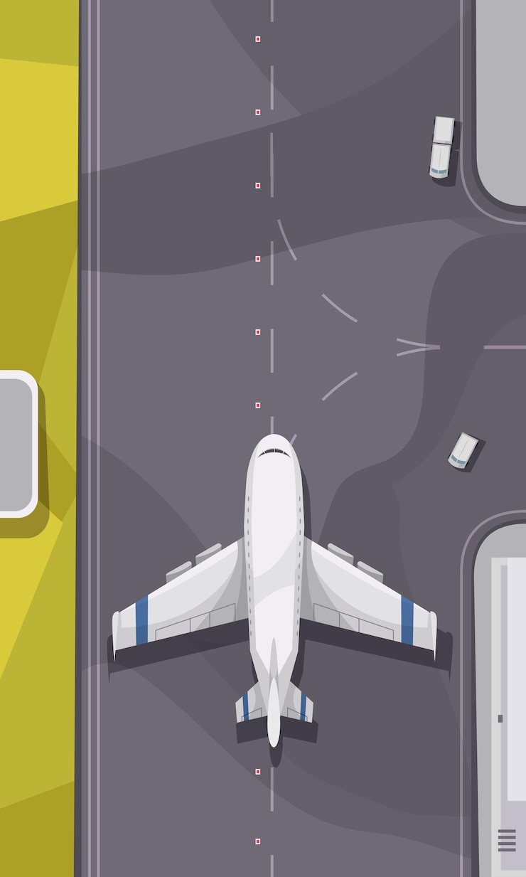 Vettore gratuito elemento della struttura all'aperto del terminal dell'aeroporto della città con l'aereo che si muove lungo l'illustrazione di vettore del fumetto di vista superiore della pista