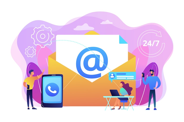 Vettore gratuito email marketing, chat in internet, supporto 24 ore su 24. entra in contatto, avvia il contatto, contattaci, modulo di feedback online, parla con il concetto di clienti.
