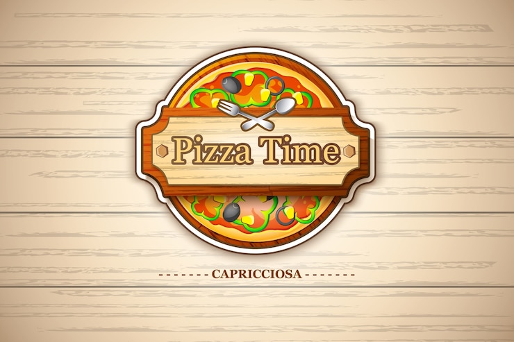 Vettore gratuito emblema di pizza margherita colorato con ingredienti di pomodoro e formaggio su illustrazione di legno