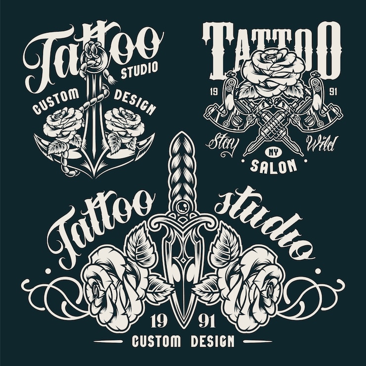 Vettore gratuito emblemi del salone del tatuaggio monocromatico vintage