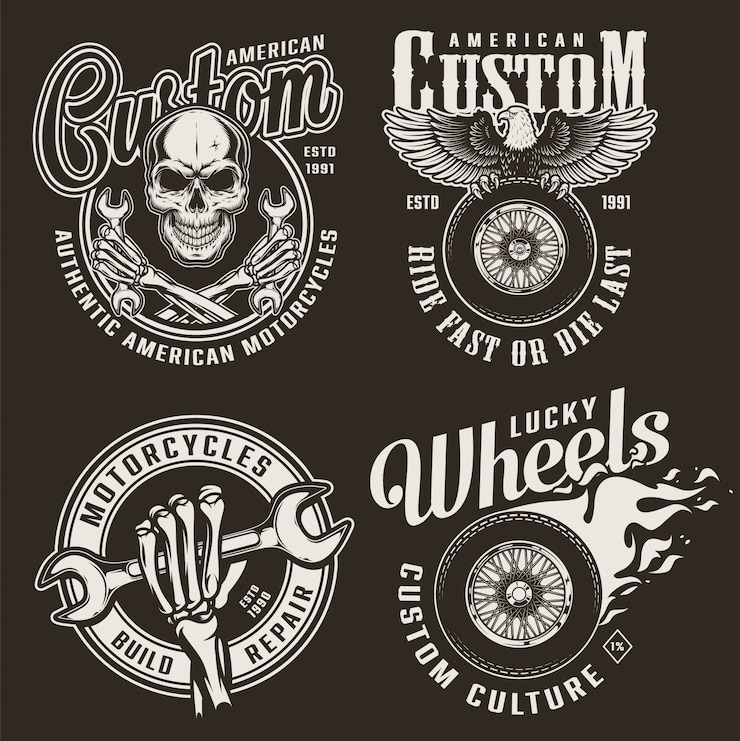 Vettore gratuito emblemi di motocicletta personalizzati monocromatici