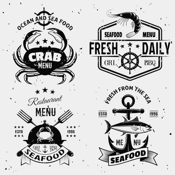 Vettore gratuito emblemi monocromatici dei frutti di mare con i simboli nautici crostacei crostacei con le macchie isolate