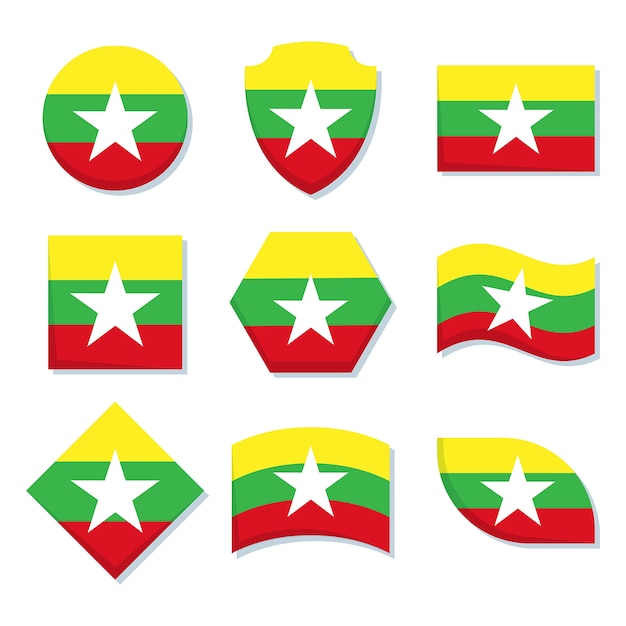 Emblemi nazionali del Myanmar di design piatto disegnato a mano