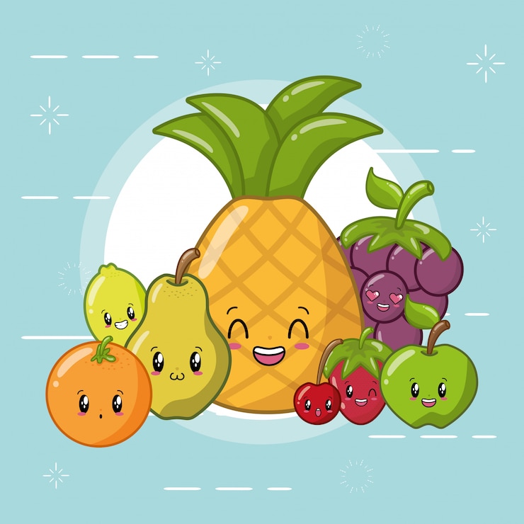 Vettore gratuito emoji di frutta kawaii felici