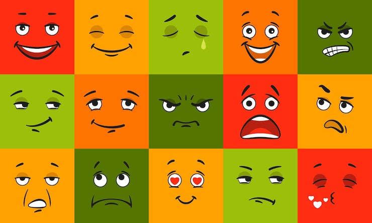 Vettore gratuito emoticon con diversi stati d'animo ed emozioni impostati. illustrazioni vettoriali di simpatici personaggi per avatar. collezione di colori dei cartoni animati di volti astratti con occhi e bocca. faccina, concetto di caricatura